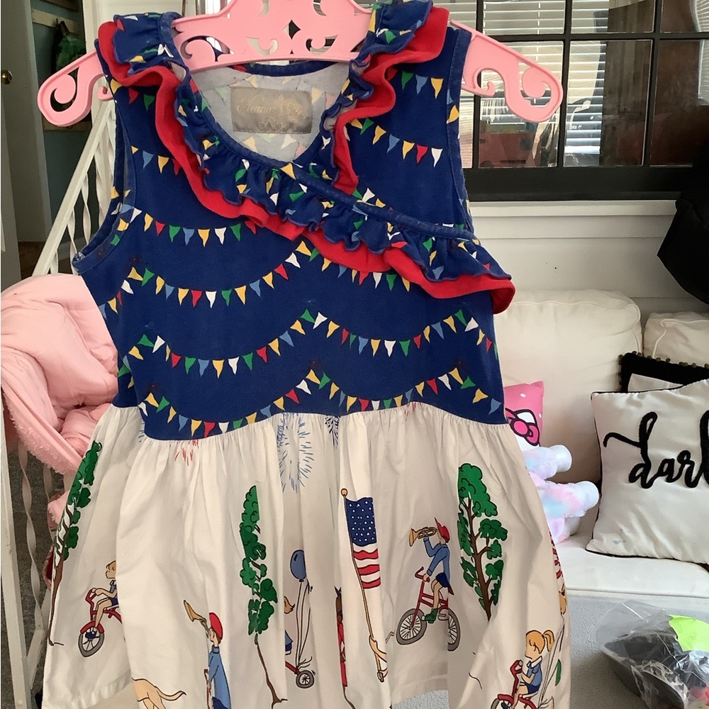 Eleanor Rose Navy, Red & White Party Banner Print Dress